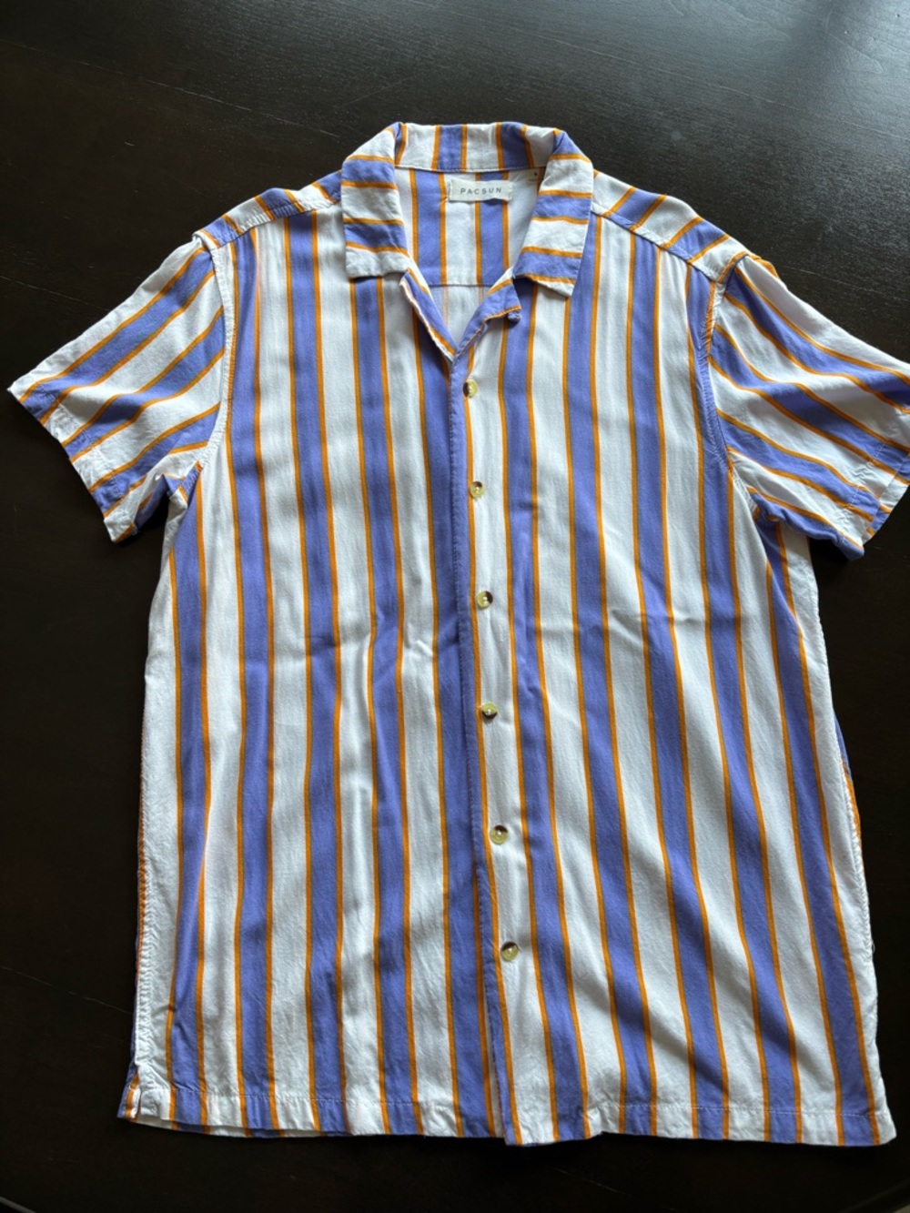 PacSun Short Sleeve Button-Up Shirt in White, Blue & Orange Stripe